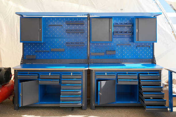 Blue metal furniture for car service outdoors